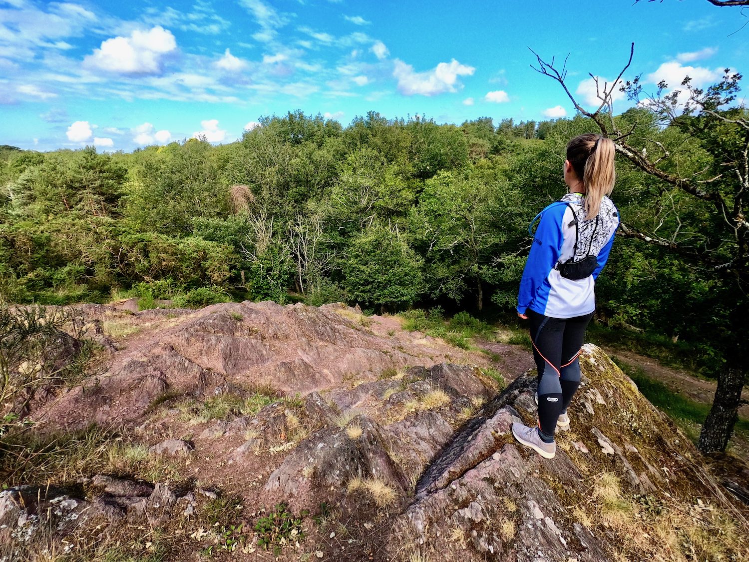 Femme en tenue de trail, contemplant un paysage boisé depuis une crête rocheuse